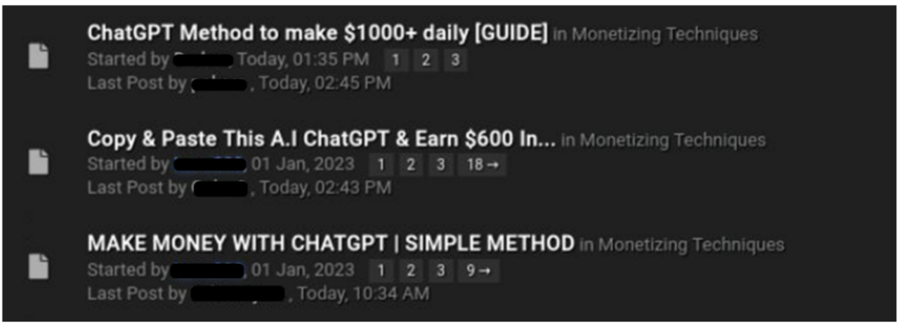 The image shows a dark-themed online forum interface listing three discussion threads about earning money with ChatGPT. 