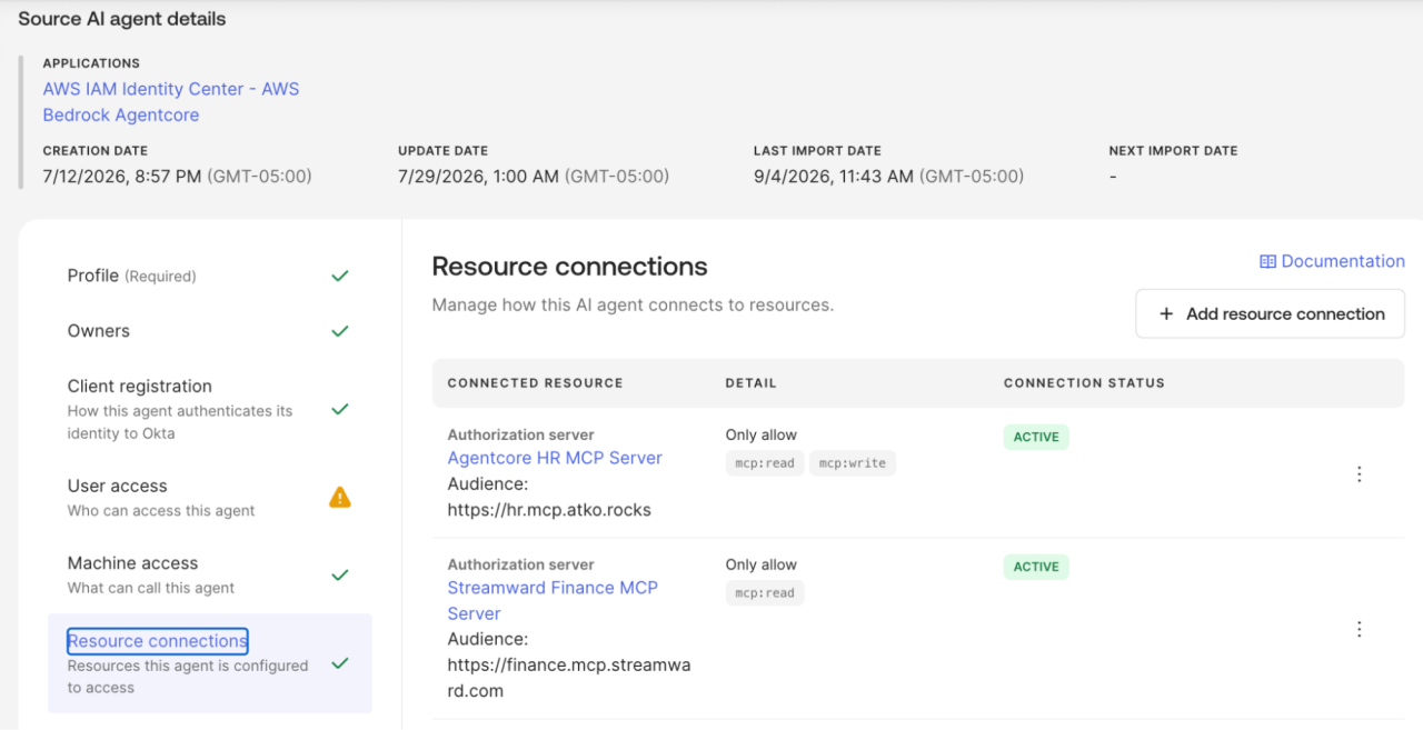 Dashboard screenshot showing Resource Connections settings for an AI agent in Okta.