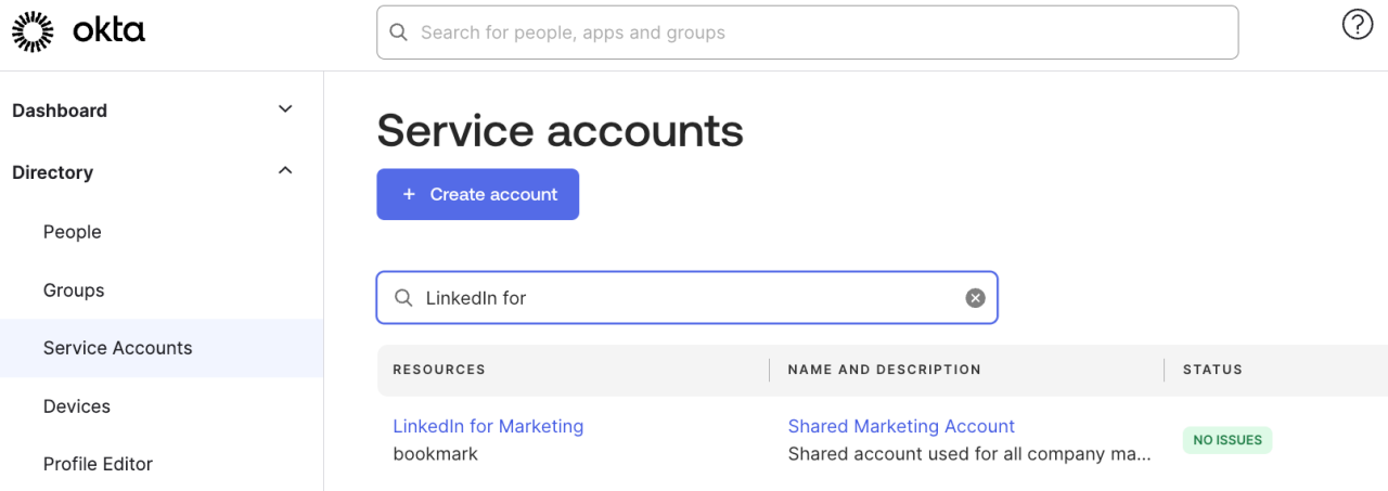 Screenshot of the Okta Dashboard Directory in the Service Accounts tab, showing results for LinkedIn for Marketing
