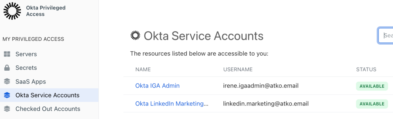 Screenshot of Okta Privileged Access in the Okta Service Accounts tab