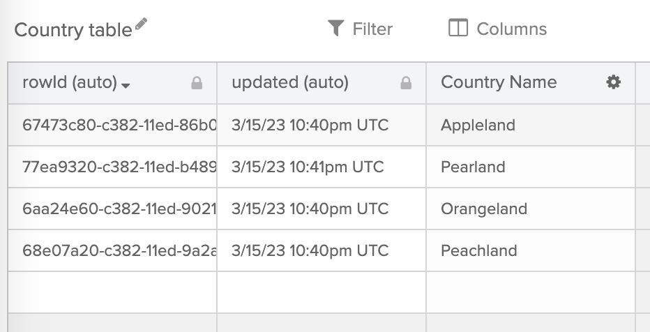 Screenshot of an Okta Workflows database table named 'Country table' containing sample data rows
