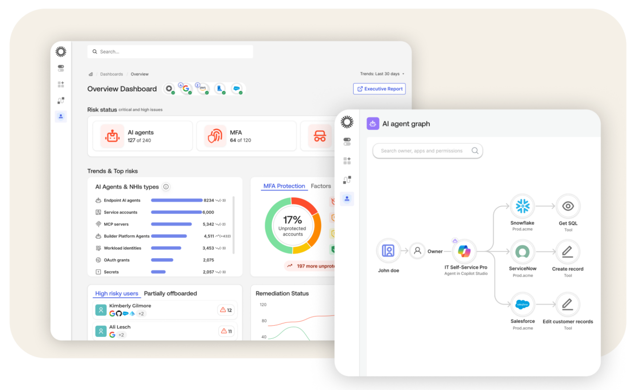 Digital interface showing an Okta ISPM dashboard and an AI agent workflow screen.