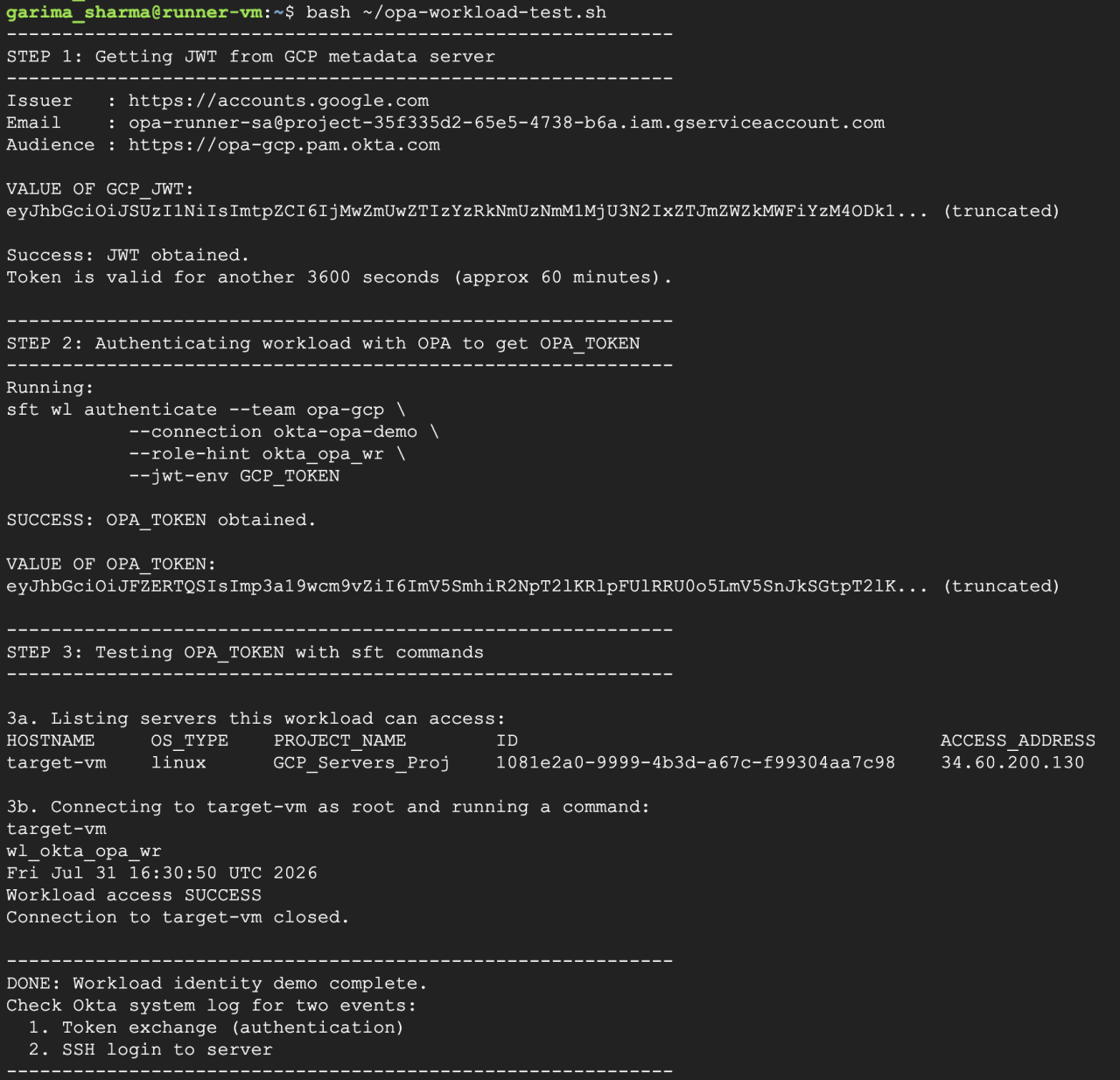 Terminal session executing an OPA workload test script showing step-by-step JWT retrieval, authentication, and SSH access.