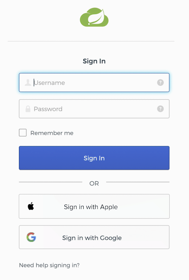 A modern website sign-in interface showing standard username and password fields alongside 'Sign in with Apple' and 'Sign in with Google' options under a Spring Cloud logo.