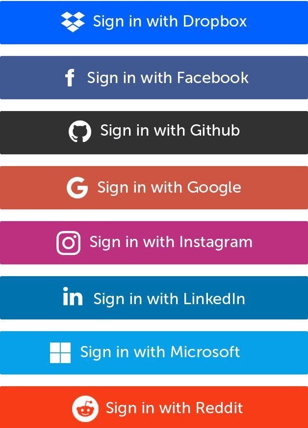 A vertical stack of colorful social login buttons for various platforms including Dropbox, Facebook, GitHub, Google, Instagram, LinkedIn, Microsoft, and Reddit.