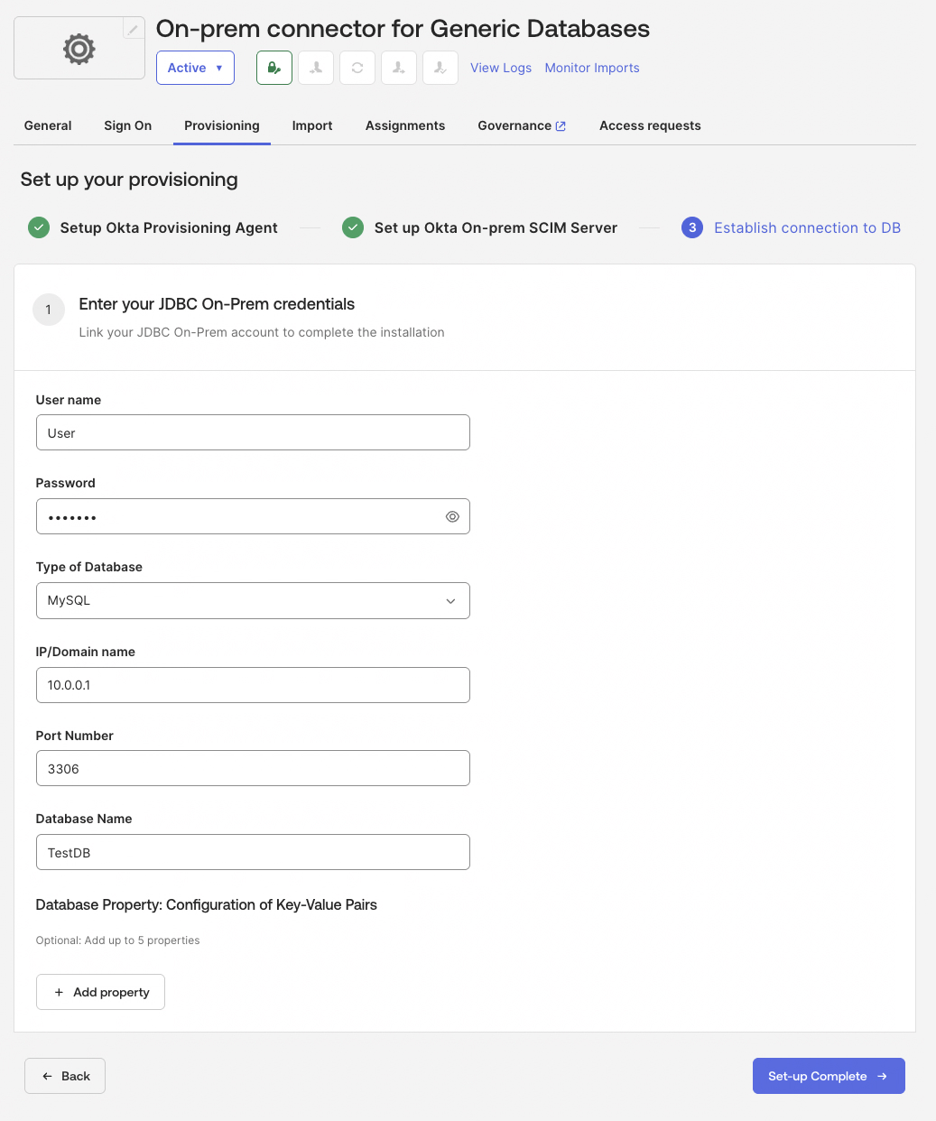 Screenshot of an Okta interface for configuring an on-premises connector for generic databases. 