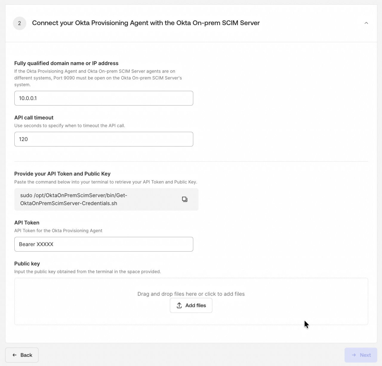 A configuration interface guides users to connect the Okta Provisioning Agent with the Okta On-prem SCIM Server. 