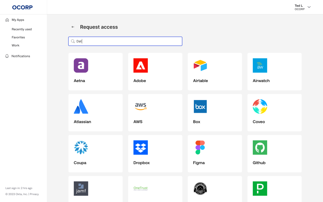 A digital dashboard interface displaying various app icons for access requests