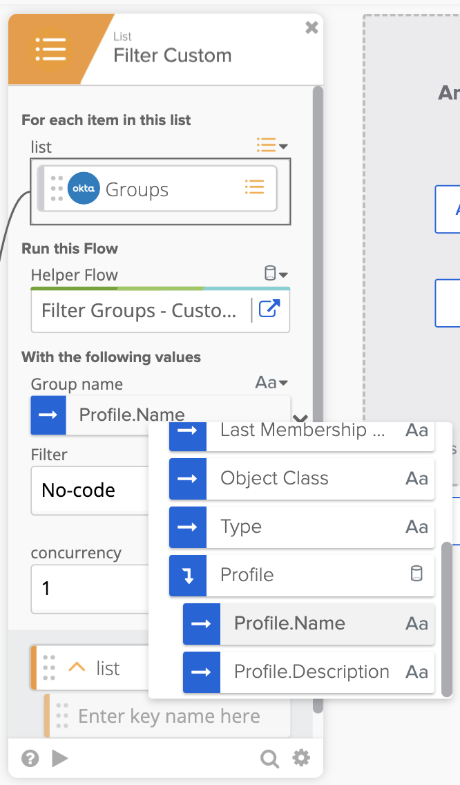 Okta Workflows Filter Custom card configured to filter groups by Profile.Name.