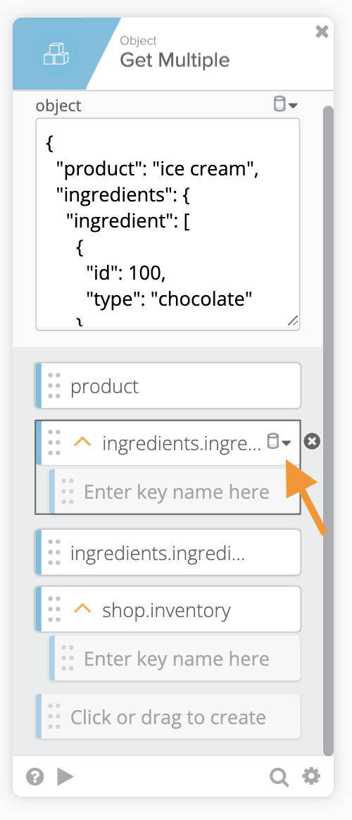 Okta Workflows Object Get Multiple card showing JSON input data, multiple path inputs including product and shop.inventory, and an orange arrow pointing to a selected path field.