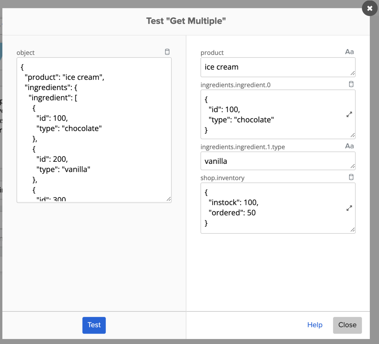 Test "Get Multiple" modal displaying input JSON and corresponding outputs for paths product, ingredients.ingredient.0, ingredients.ingredient.1.type, and shop.inventory.