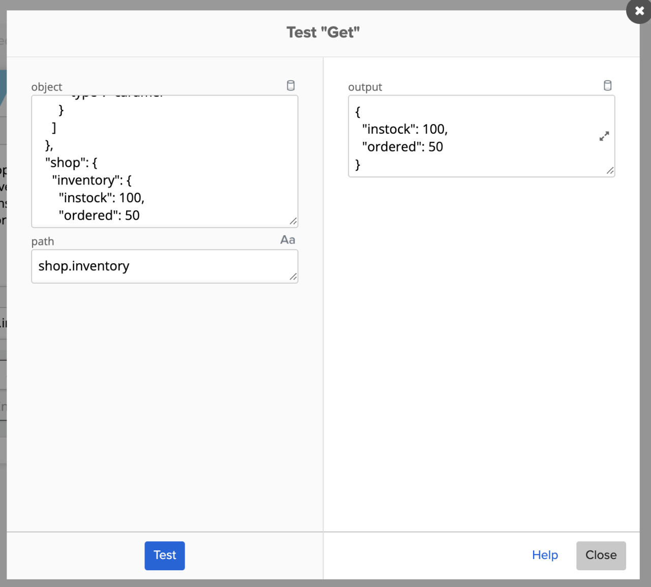 Test "Get" modal displaying an input object with shop inventory JSON, path shop.inventory, and output JSON showing instock and ordered counts.