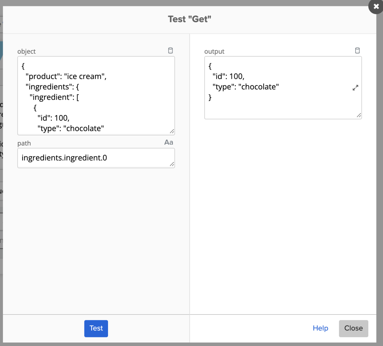 Interface for testing a JSON path with dot notation, showing input JSON, path ingredients.ingredient.0, and output JSON.