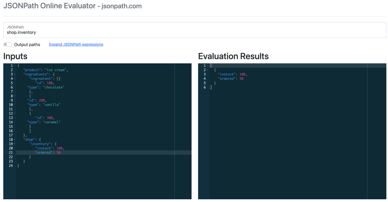 JSONPath Online Evaluator web interface showing input JSON, JSONPath shop.inventory, and evaluated results displaying instock and ordered counts.