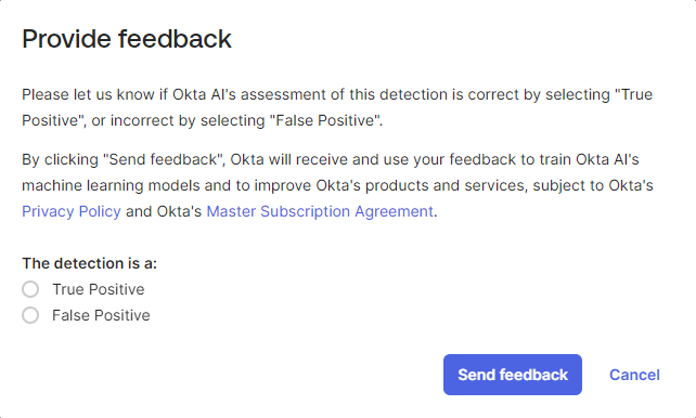 Okta AI security feedback screen showing classification options and metadata.
