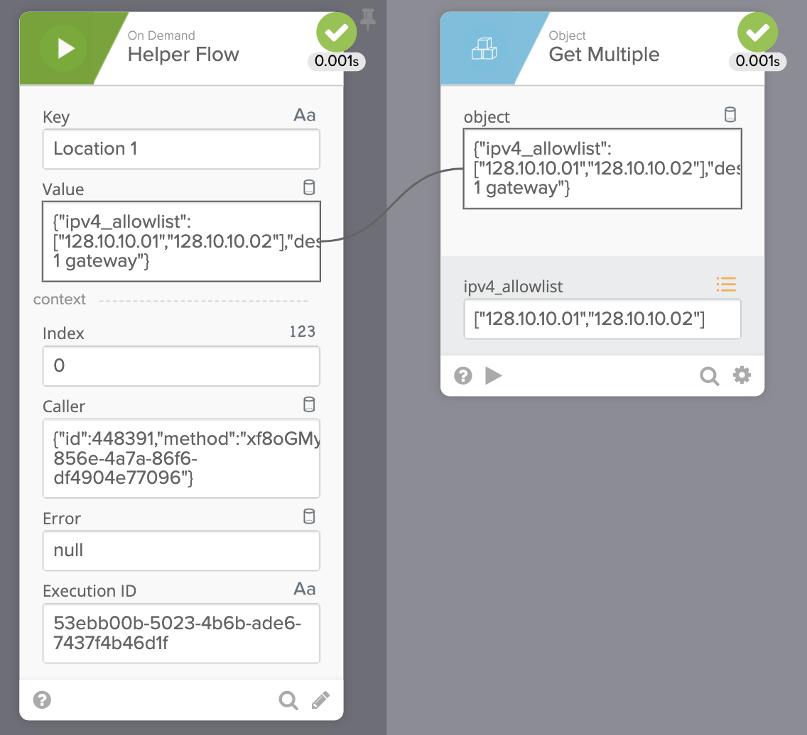 Okta Workflows execution showing an active Helper Flow running against a Get Multiple action.