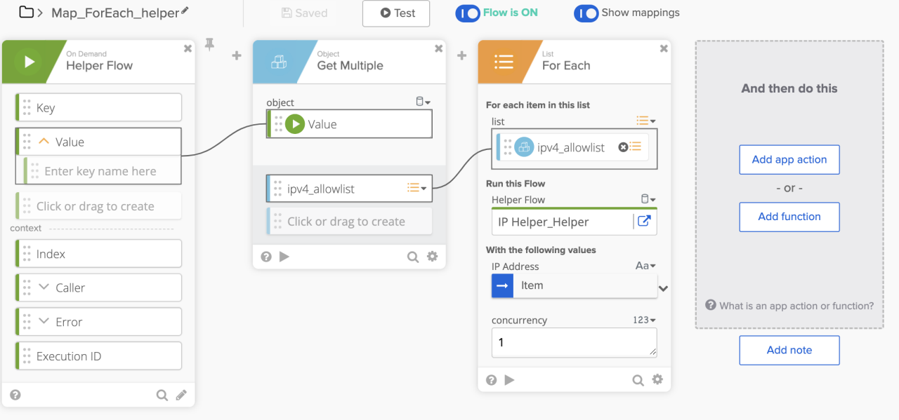 Okta Workflows interface displaying a helper flow mapped to a For Each card.
