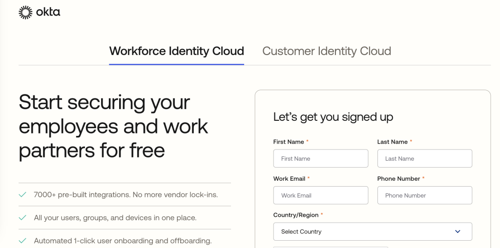 Okta web page promoting the Workforce Identity Cloud and Customer Identity Cloud. 