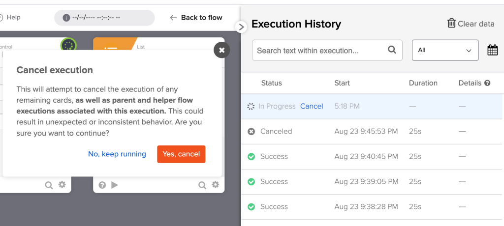Software interface with a cancel execution confirmation dialog over a workflow screen. 