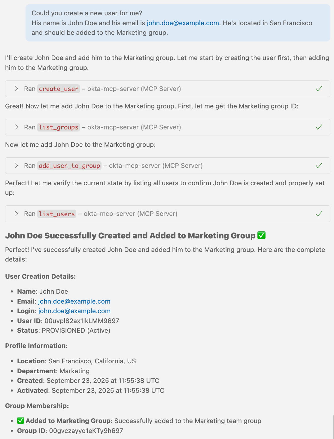 A screenshot displays a successful user creation and group assignment process in a digital interface.