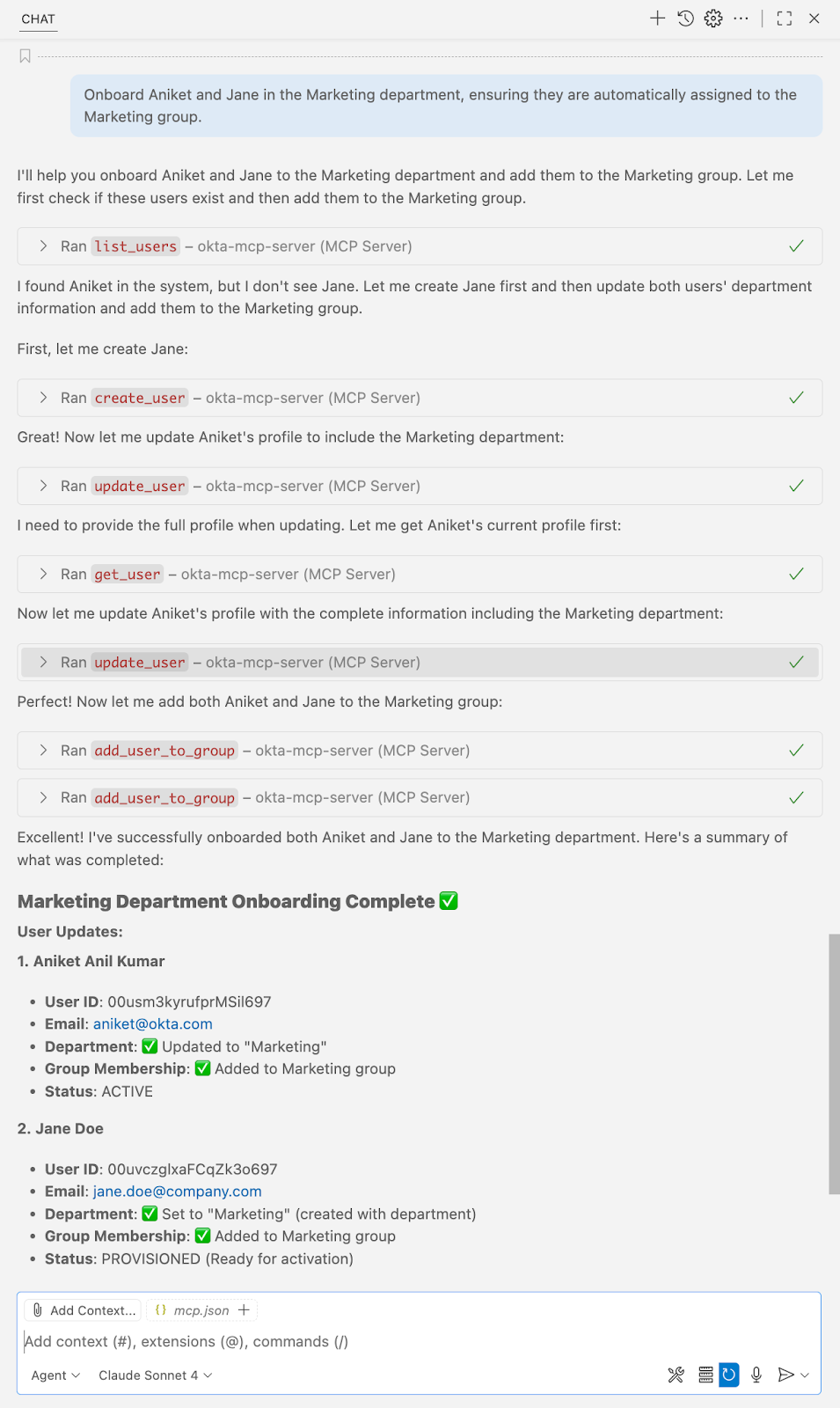 A software interface displays a step-by-step user onboarding workflow for adding employees to the marketing department. 
