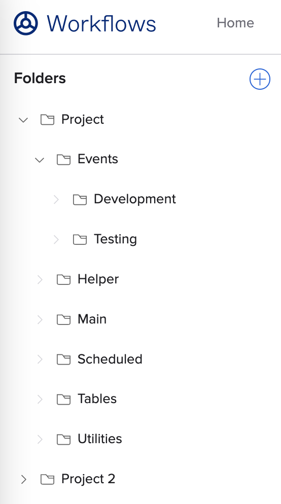 Okta Workflows navigation panel showing organized project folders and subfolders.