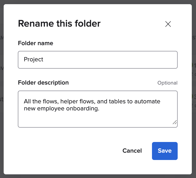 "Rename this folder" dialog in Okta Workflows showing custom folder name and description fields.