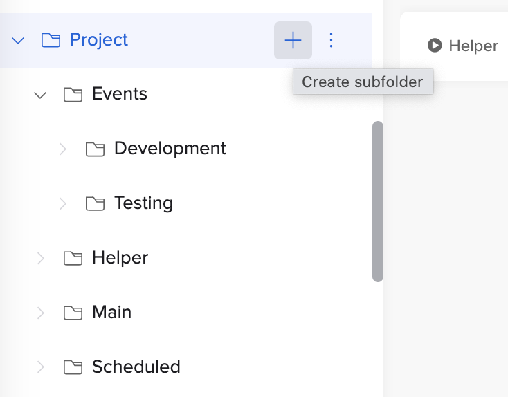 Okta Workflows navigation pane showing the "Create subfolder" tooltip on a project folder tree.