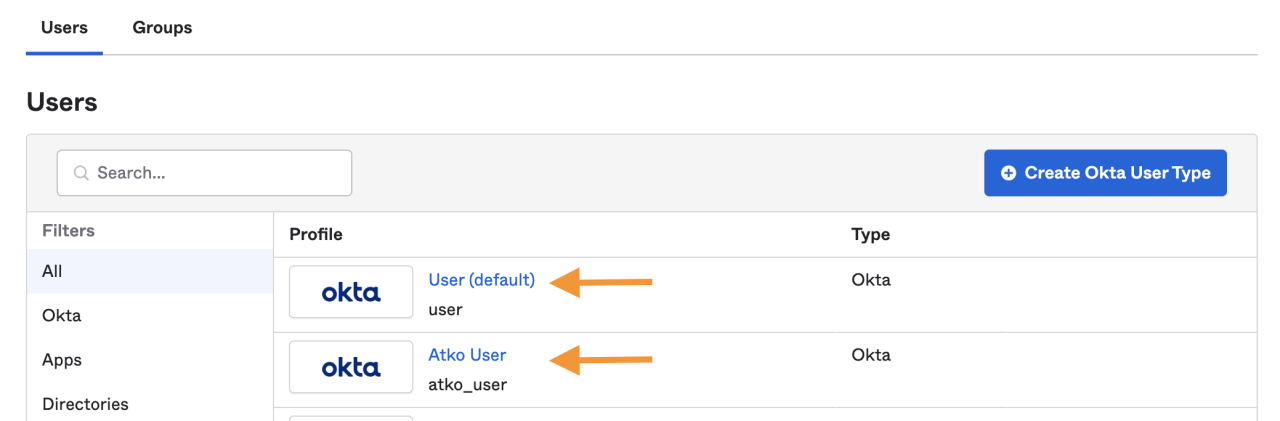 Okta admin console User Types interface listing two user profiles—"User (default)" and "Atko User"—indicated by orange arrows, alongside a "Create Okta User Type" button.