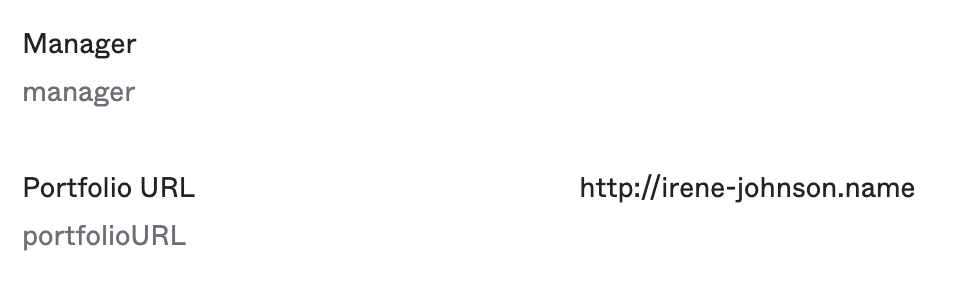 Okta user profile attribute snippet showing Manager and Portfolio URL fields with an example value.