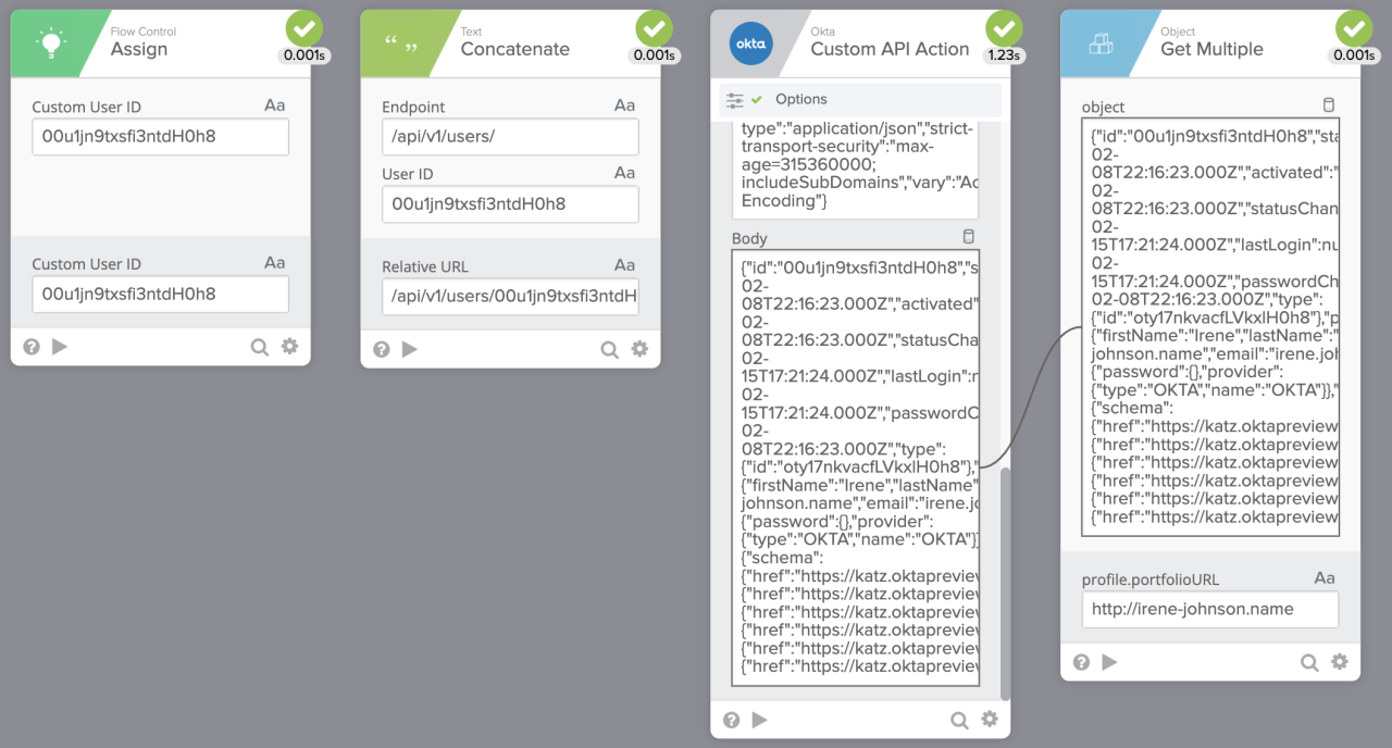 Okta Workflows execution history panel showing sequential cards for Assign, Concatenate, Custom API Action, and Get Multiple to fetch and parse user profile data.