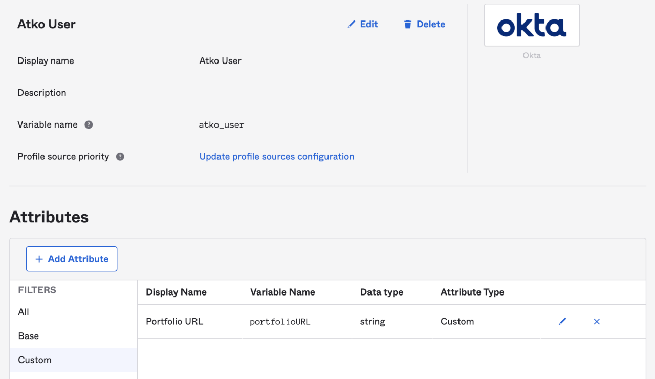 Okta profile attribute configuration page showing a custom attribute for "Portfolio URL" under the Atko User profile settings.