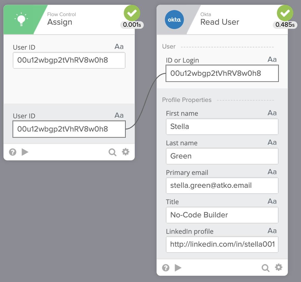 Okta Workflows execution test showing an Assign card passing a User ID into a Read User card, outputting profile fields for user Stella Green.