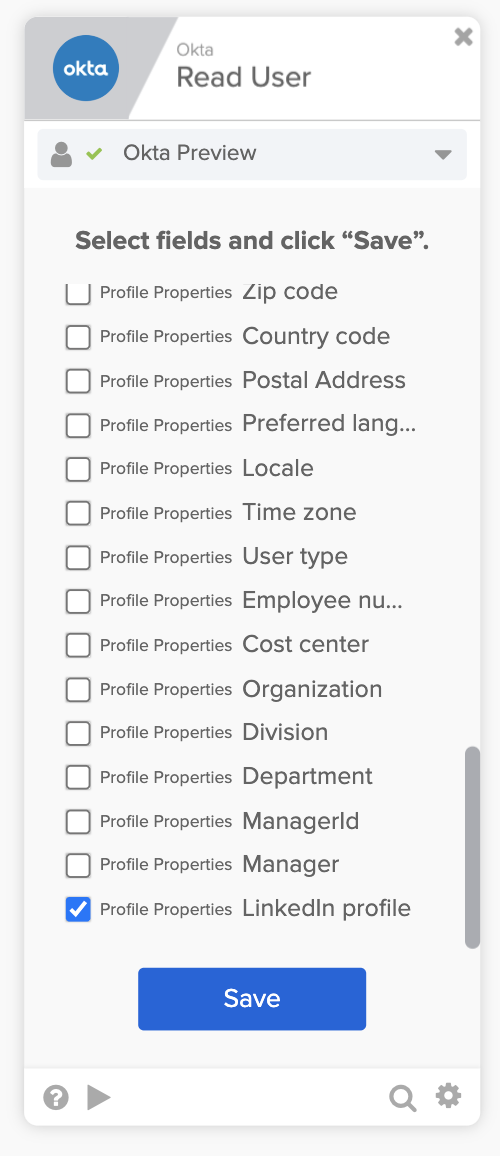 Okta Read User action dialog showing selected profile fields, including a checked checkbox for LinkedIn profile.