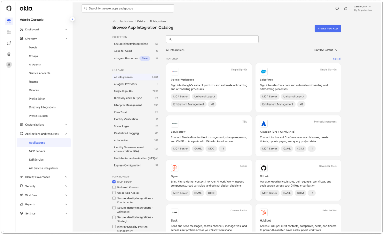 Okta Admin Console showing the Browse App Integration Catalog page