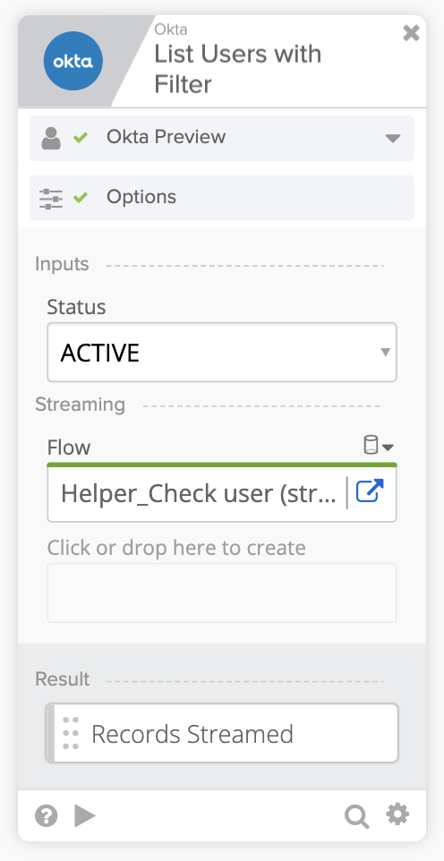 Okta Workflows "List Users with Filter" card configured to filter ACTIVE users and stream records to a helper flow.