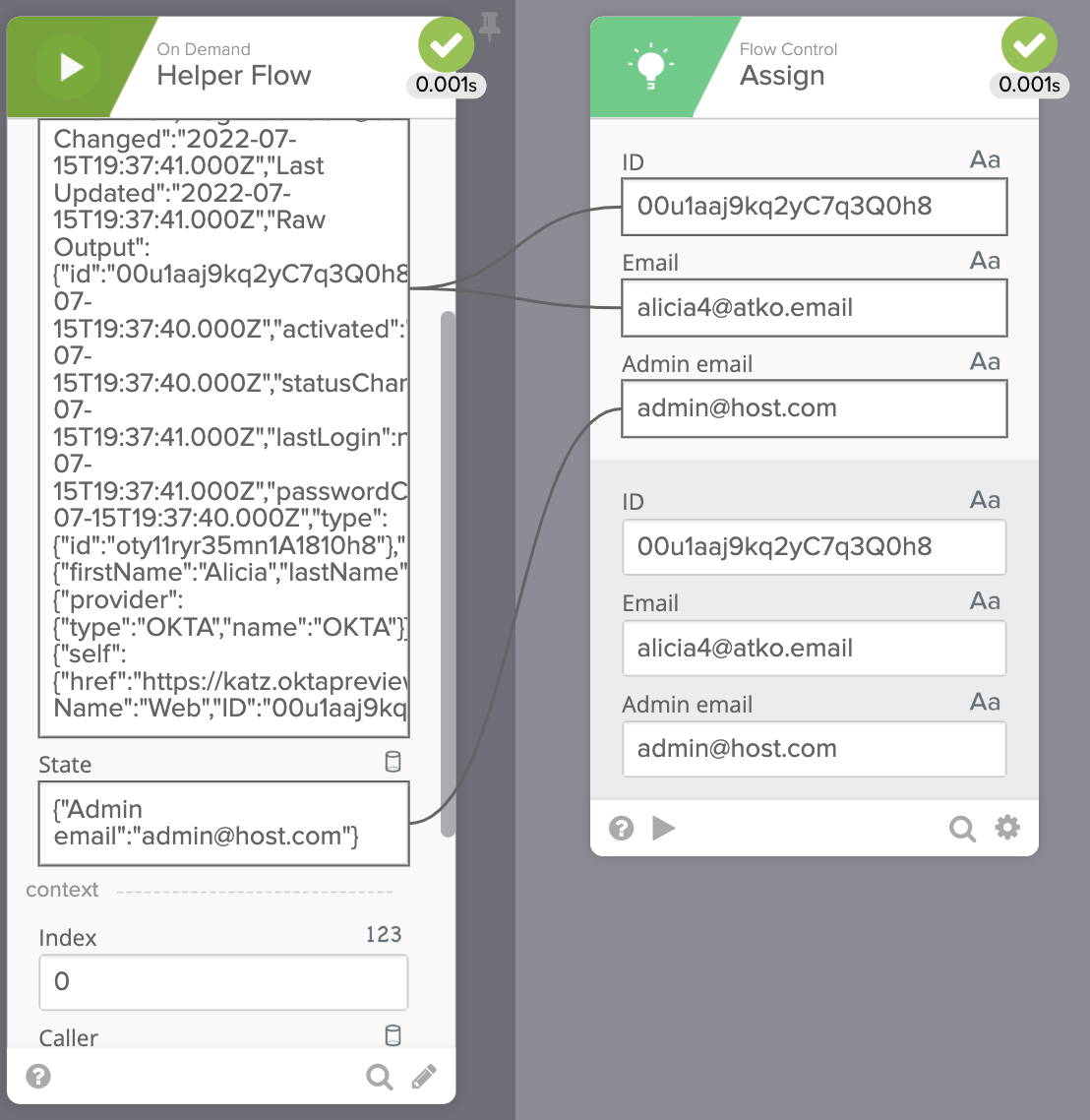 Okta Workflows execution history view showing helper flow execution with streamed user record and state variables mapped to an Assign card.