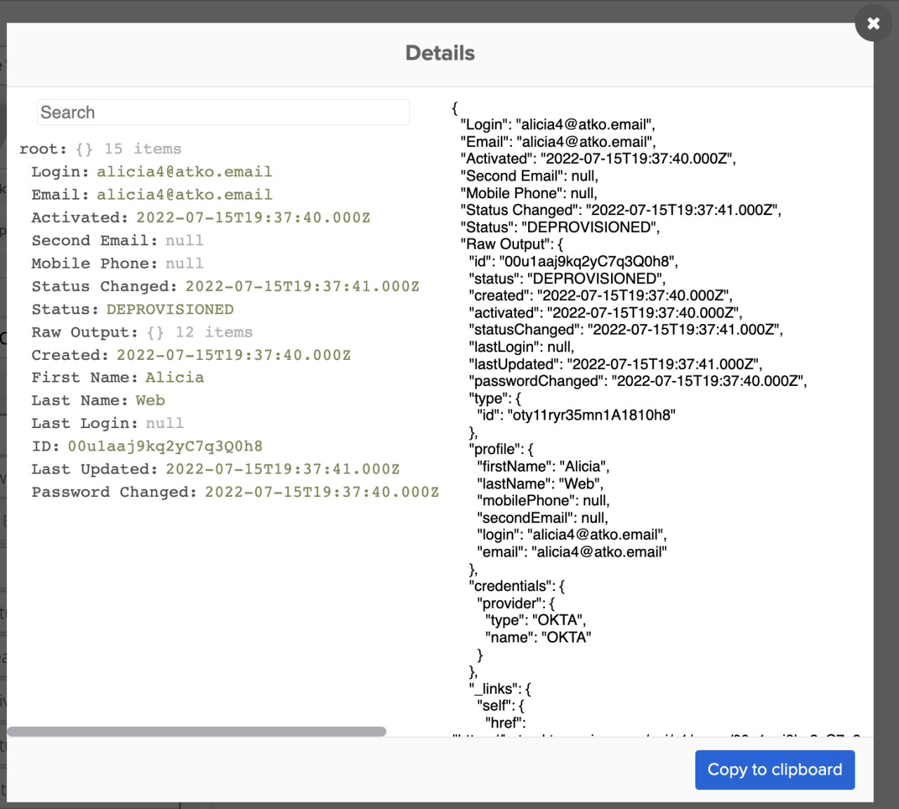 Okta Workflows user account details modal displaying user properties and JSON data.