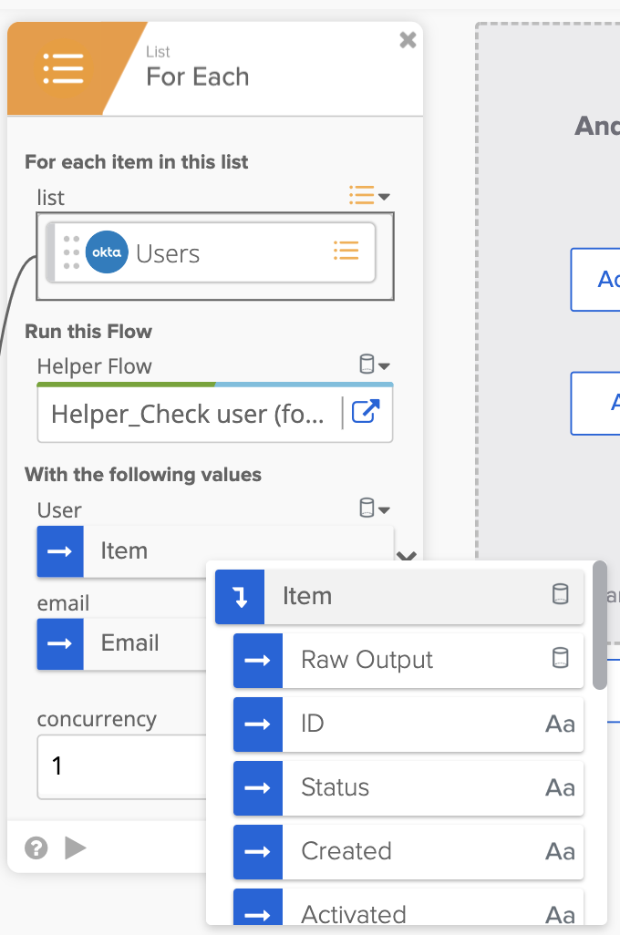 Okta Workflows "List - For Each" card mapping a user item list to a helper flow.