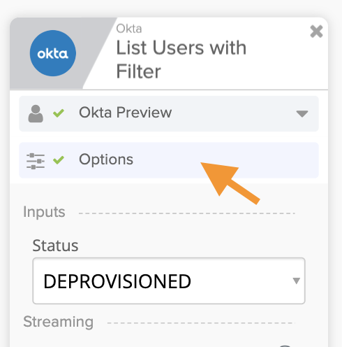 Okta Workflows "List Users with Filter" card with an orange arrow pointing to the Options section.