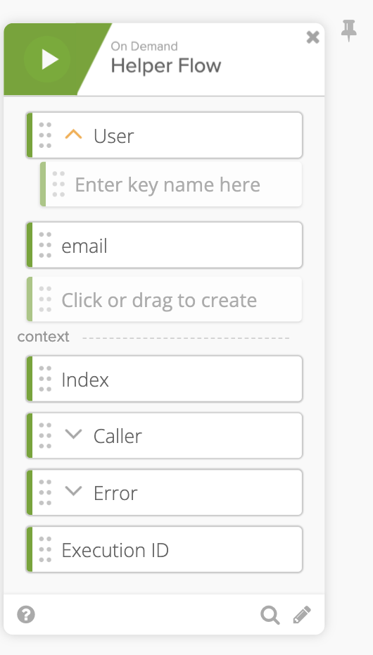 Okta Workflows "On Demand Helper Flow" card showing configured input and context parameters.
