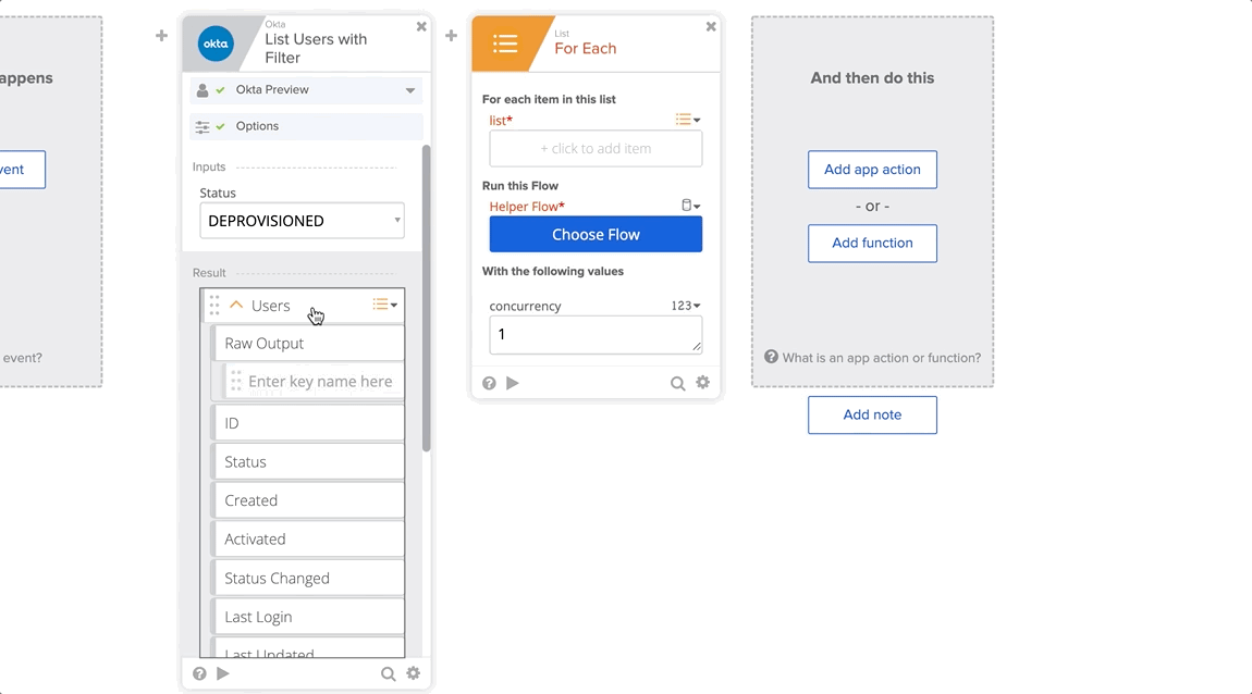 Okta Workflows interface listing deprovisioned users and configuring a For Each card.