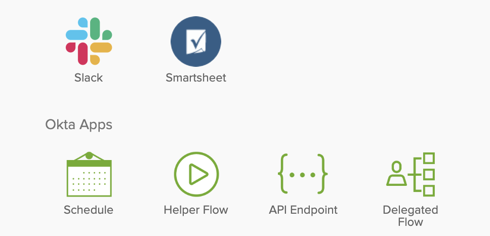 Grid of application icons showing Slack and Smartsheet alongside Okta Workflows triggers: Schedule, Helper Flow, API Endpoint, and Delegated Flow.
