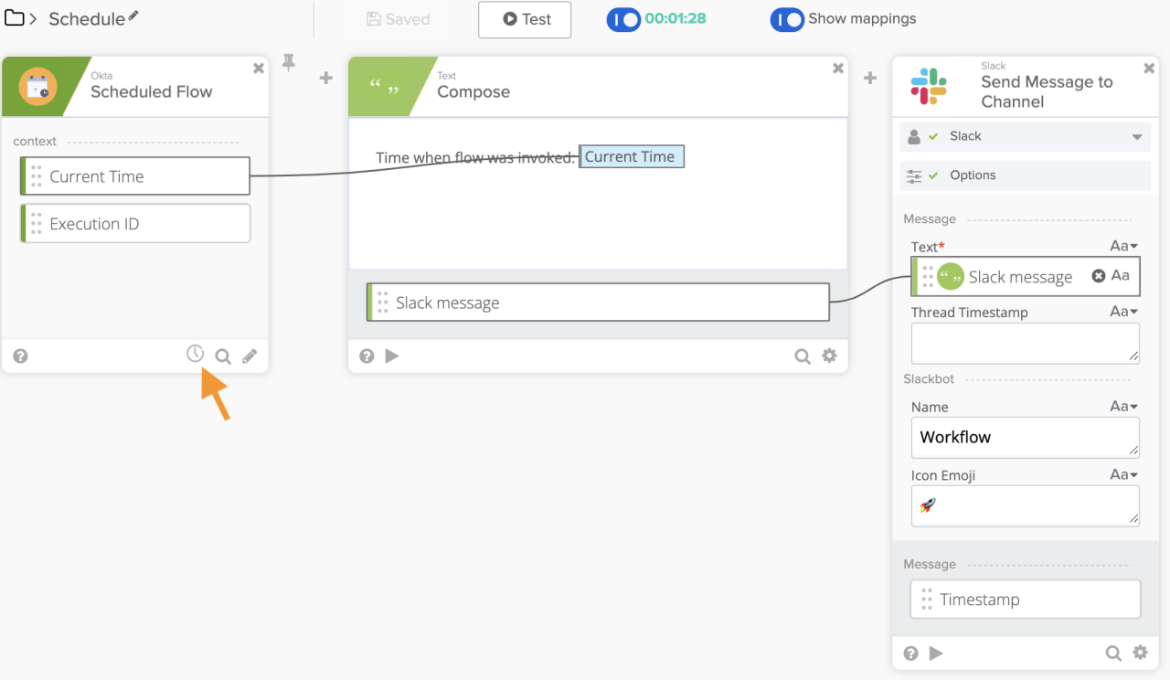 Okta Workflows interface connecting a Scheduled Flow trigger card through a Text Compose card to a Slack Send Message to Channel card, with an orange arrow highlighting the schedule icon.