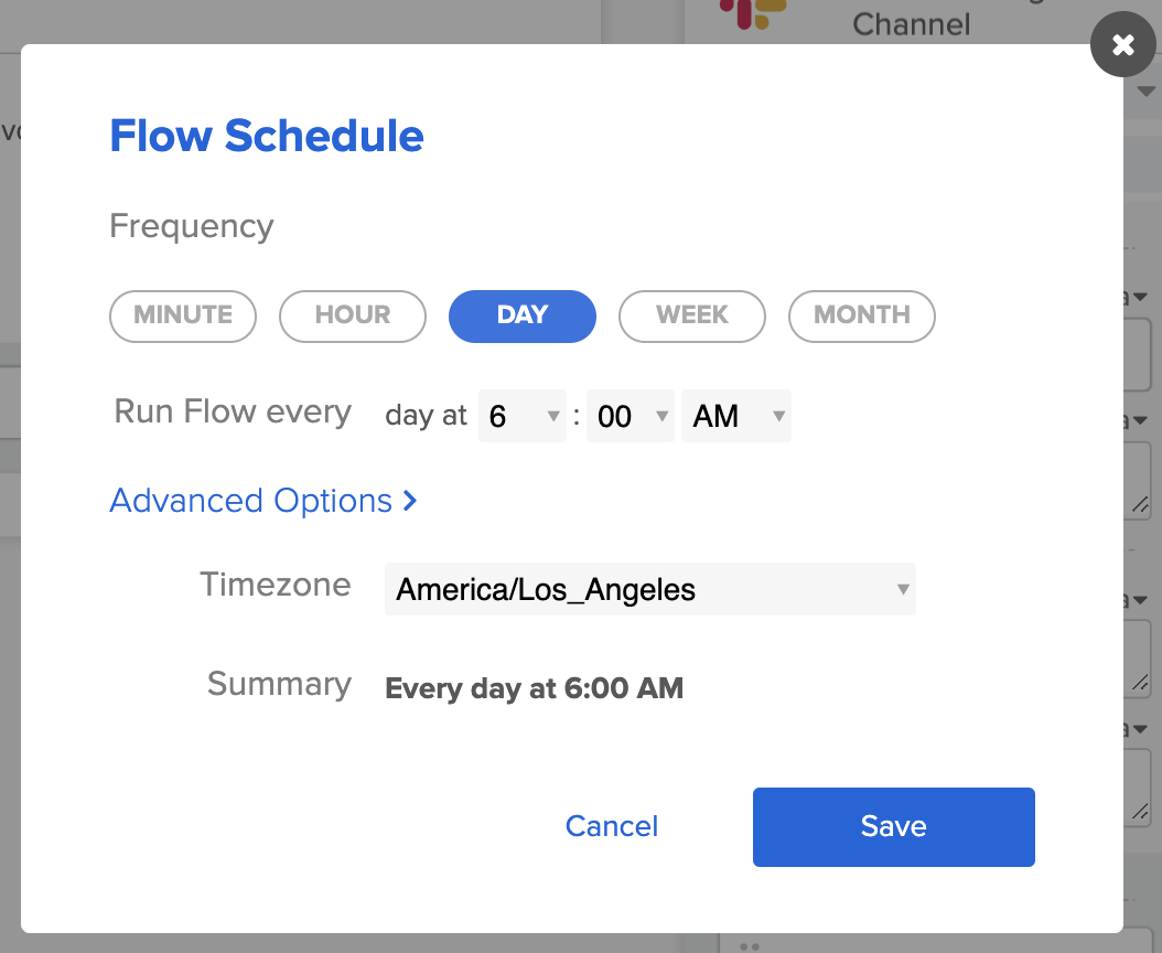 Flow Schedule dialog in Okta Workflows configured to run daily at 8:00 AM America/Los_Angeles timezone.