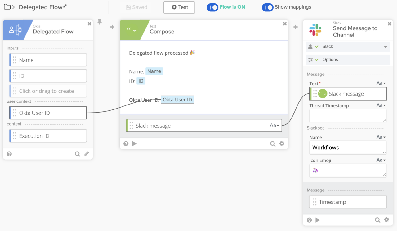 Okta Workflows interface showing a Delegated Flow trigger mapped through a Text Compose card to a Slack Send Message to Channel card.