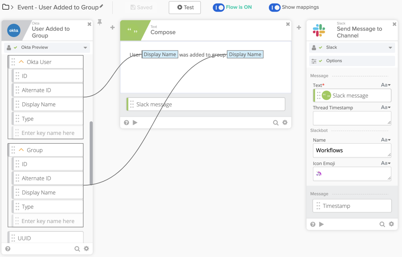 Okta Workflows interface connecting a User Added to Group event trigger through a Text Compose card to a Slack Send Message to Channel card.