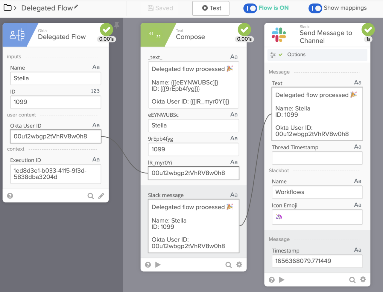 Okta Workflows interface showing test execution results for a Delegated Flow trigger, Text Compose card, and Slack Send Message to Channel card.