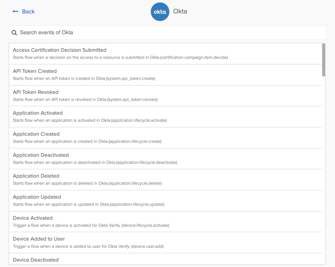 Okta event search interface displaying a list of available triggers including Access Certification Decision Submitted, API Token Created, and Application events.