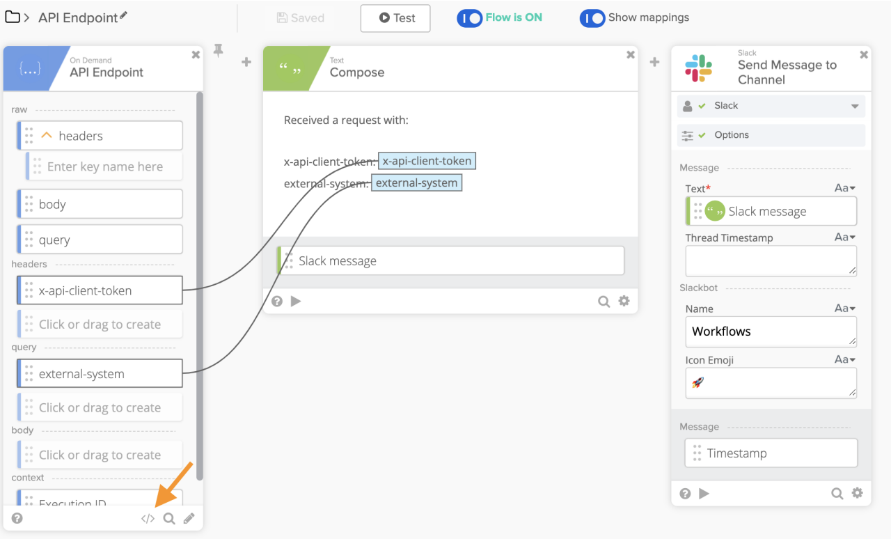 Okta Workflows interface connecting an API Endpoint trigger card through a Text Compose card to a Slack Send Message to Channel card.